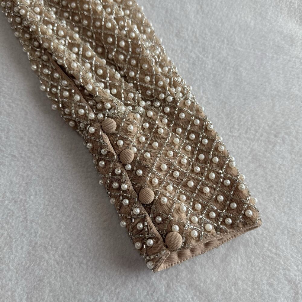 Mac Duggal 10062 Beige Size 4 Wrap Over Pearl Gown Beaded Bishop Sleeves NWT - Picture 13 of 16